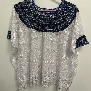 Beautiful Guatemala White Lace blouse with Blue and Yellow Embroidery